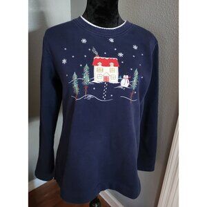 White Stag Ladies Holiday Sweatshirt Size M 8/10 Navy Winter House & Snowman